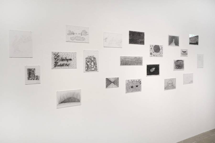Edgar Calel, Ni Ch’itiloj Ri q’aq [Phonemes of Fire], 2020–ongoing, charcoal, pencil, pen, india ink on paper, cardboard, various formats, installation view, 11th Berlin Biennale, KW Institute for Contemporary Art, 5.9.–1.11.2020, photo: Silke Briel
